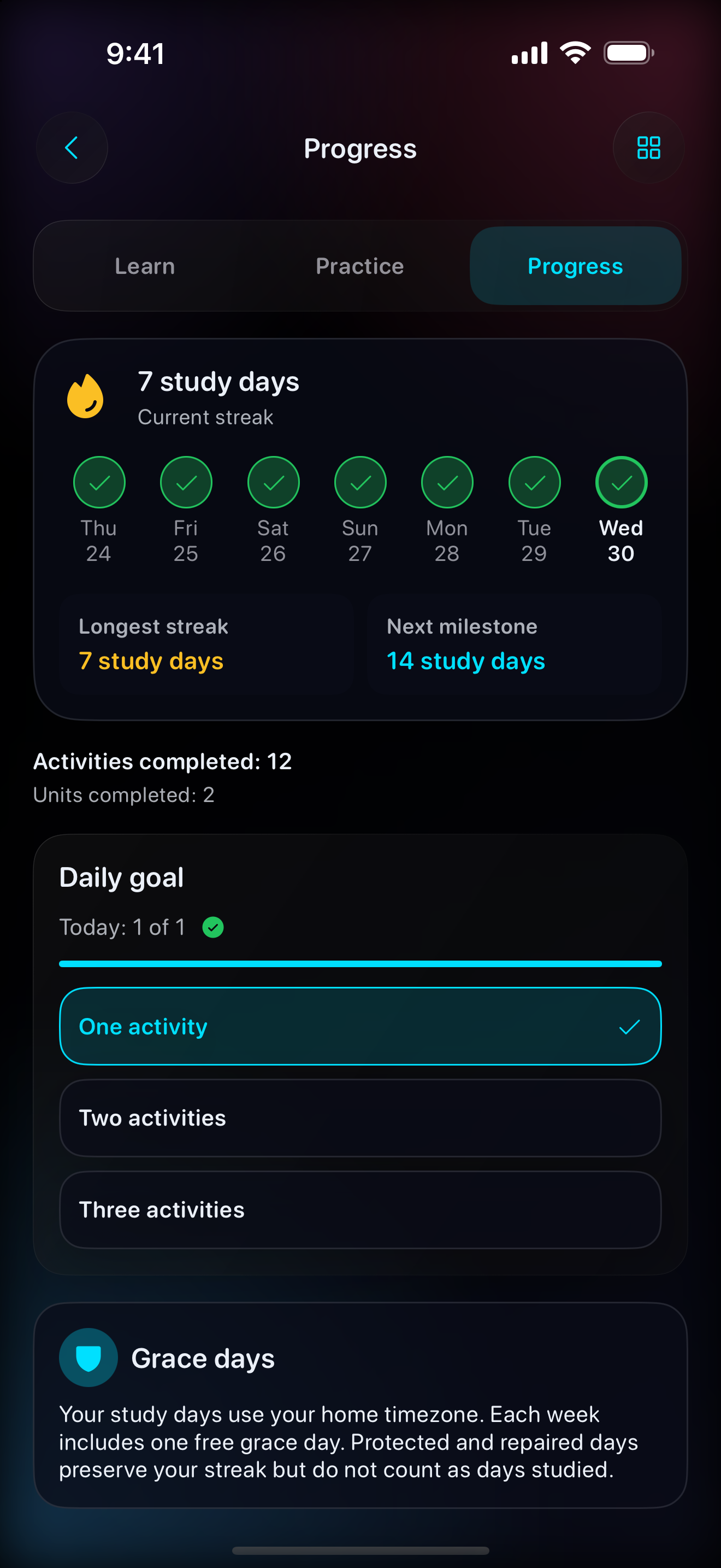 KlarFort Learn Progress screen with a seven-day study streak, counts of completed activities and units, and daily goal choices.